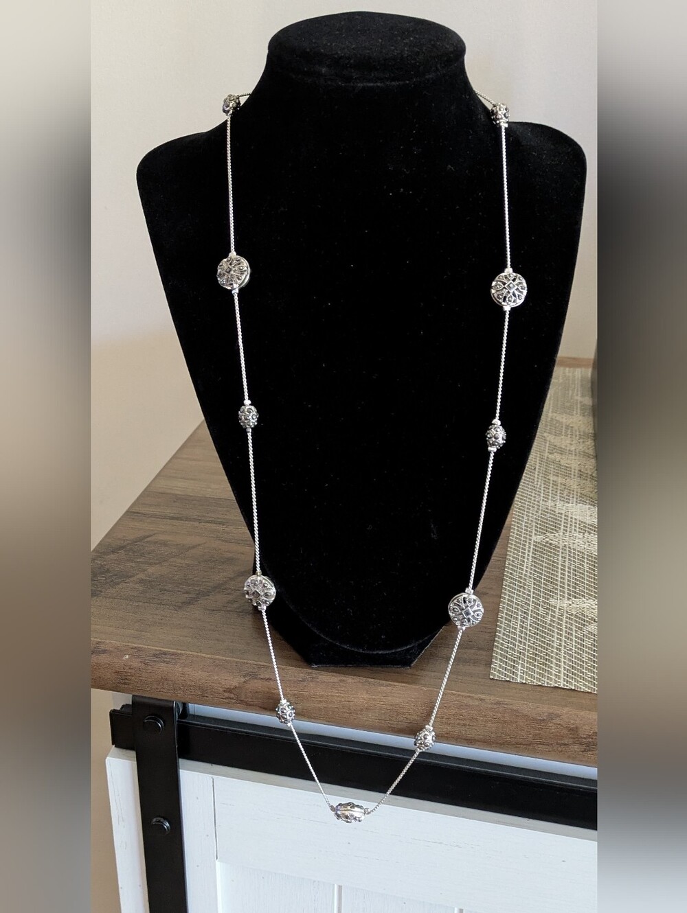 Crown Trifari Necklace Silver Plated w/ Marcasite & Disc Stations 28" & 2" Ext.